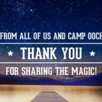 Camp Ooch dock on clear starry night with Thank You message superimposed.